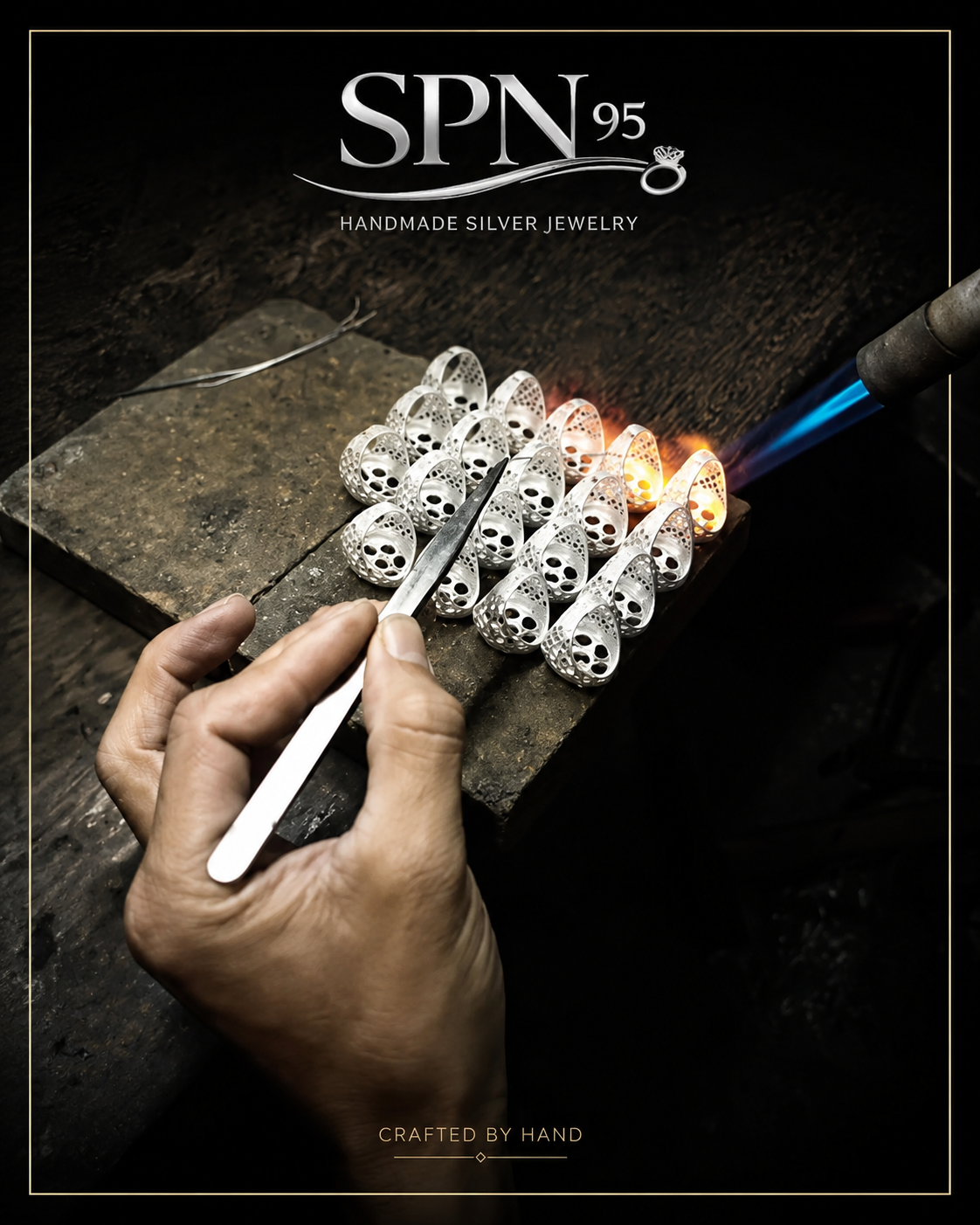 SPN 95 artisan torch-firing handcrafted 925 silver ring shells in the Bangkok atelier